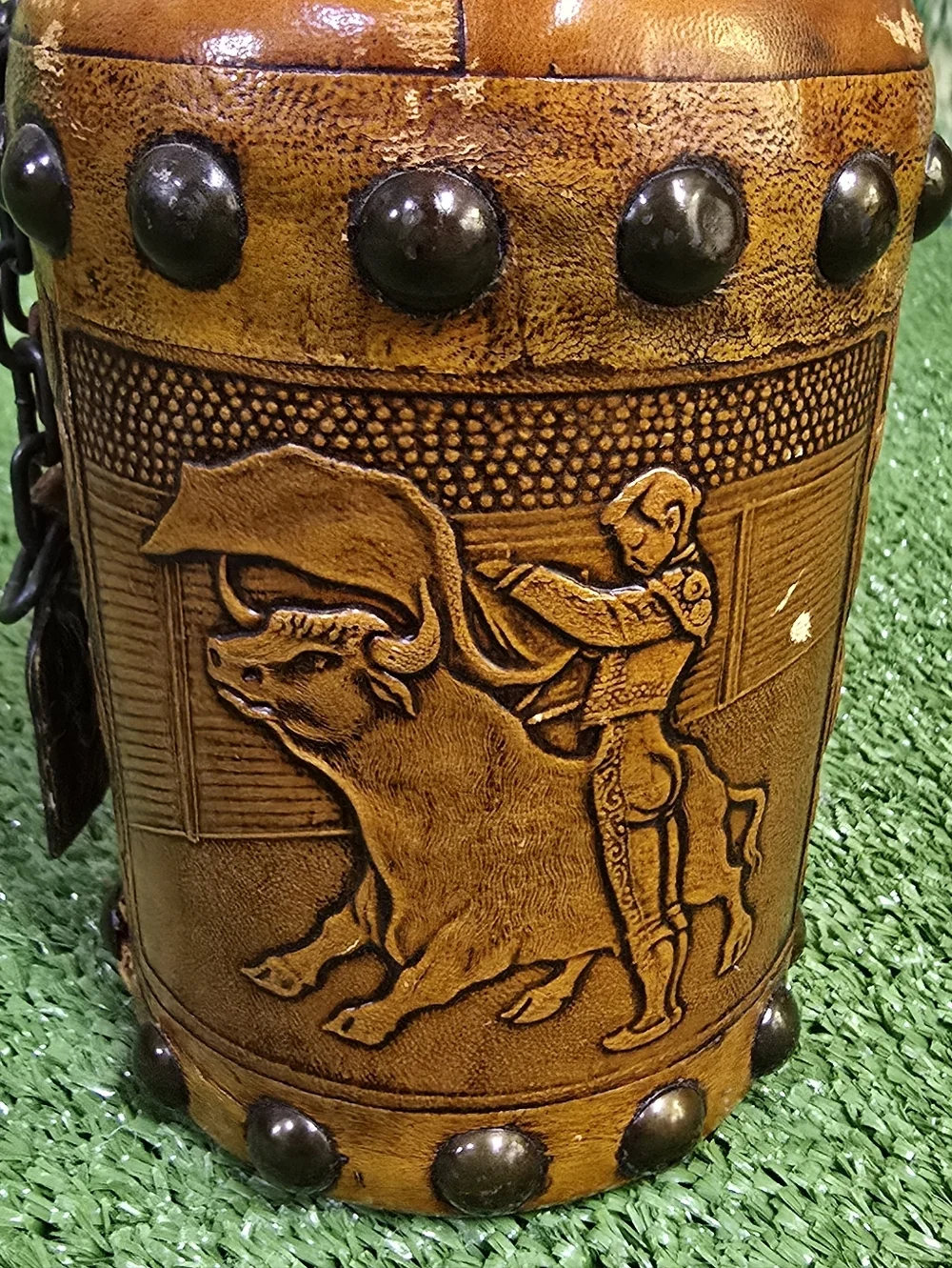 Vintage Handtooled Spanish Leather Glass Conac Decanter w Cork Plug Chain Tassel